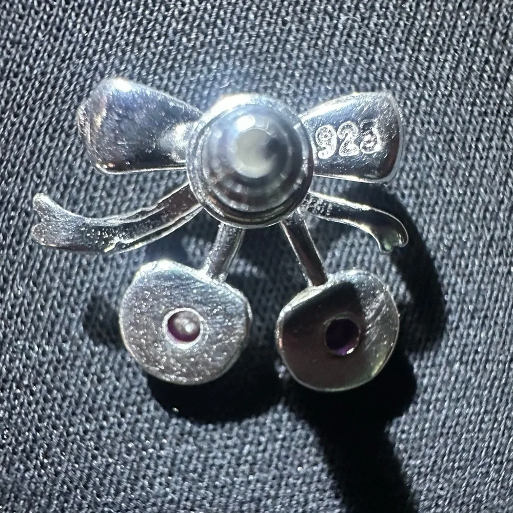 Sterling Silver Twin Cherry Bow Earrings with Ruby Accents 925 Stamped